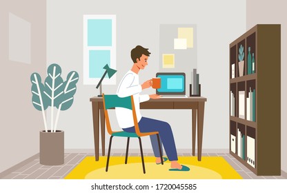 Stay at home concept. Vector illustration of man in the home office. Freelance or studying concept. Concept for any telework illustration, free lance workers, workers at home.