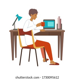 Stay at home concept. Vector illustration of woman in the home office. Freelance or studying concept. Concept for any telework illustration, freelance workers, workers at home.