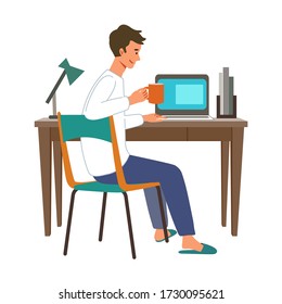 Stay at home concept. Vector illustration of woman in the home office. Freelance or studying concept. Concept for any telework illustration, freelance workers, workers at home.