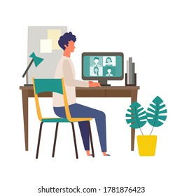 Stay at home concept. Vector illustration of man in the study room. Concept for any telework illustration, free lance workers, workers at home. 