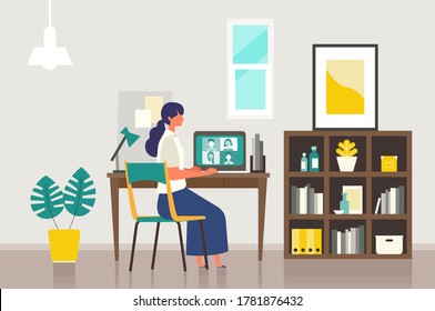 Stay at home concept. Vector illustration of woman in the study room. Concept for any telework illustration, free lance workers, workers at home.