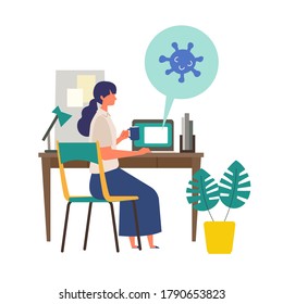 Stay at home concept. Vector illustration of woman in the study room. Woman checking about coronavirus topics by computer. Flat cartoon colorful vector illustration.