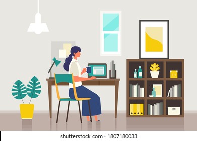 Stay at home concept. Vector illustration of woman in the study room. Woman checking internet by computer. Flat cartoon colorful vector illustration.