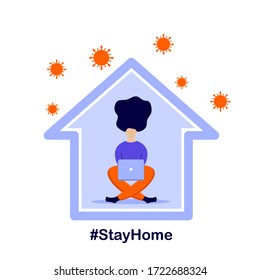 Stay home concept, vector. Self isolation, quarantine due to coronavirus. Stay at home during the coronavirus epidemic. Girl in the house on self-isolation and looking at a laptop, in flat style.