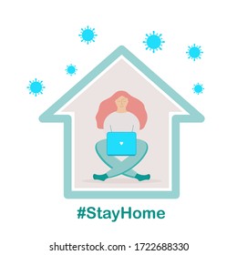 Stay home concept, vector. Self isolation, quarantine due to coronavirus. Stay at home during the coronavirus epidemic. Girl in the house on self-isolation and looking at a laptop, in flat style.