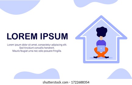 Stay home concept, vector. Self isolation, quarantine due to coronavirus. Stay at home during the coronavirus epidemic. Girl in the house on self-isolation and looking at a laptop, in flat style.