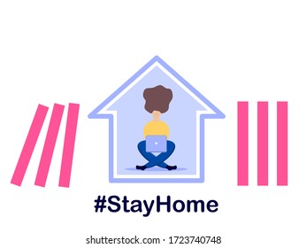 El concepto "casa", vector. Autoaislamiento, cuarentena debido al coronavirus. Permanezca en casa durante la epidemia de coronavirus. Chica en la casa de autoaislamiento y mirando un ordenador portátil, en estilo plano.