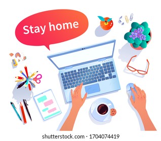 Stay Home concept vector top view illustration with objects isolated on white background.
