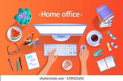 Stay home concept. Vector top view illustration of workplace with objects isolated on white background.