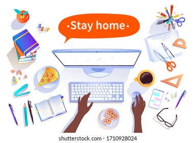 Stay Home concept vector top view illustration with isolated objects on white background.