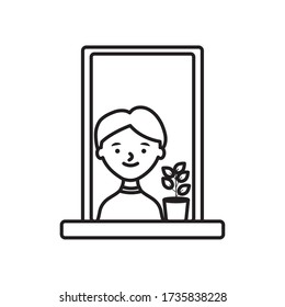 stay at home concept, window with man with cute plant icon over white background, line style, vector illustration