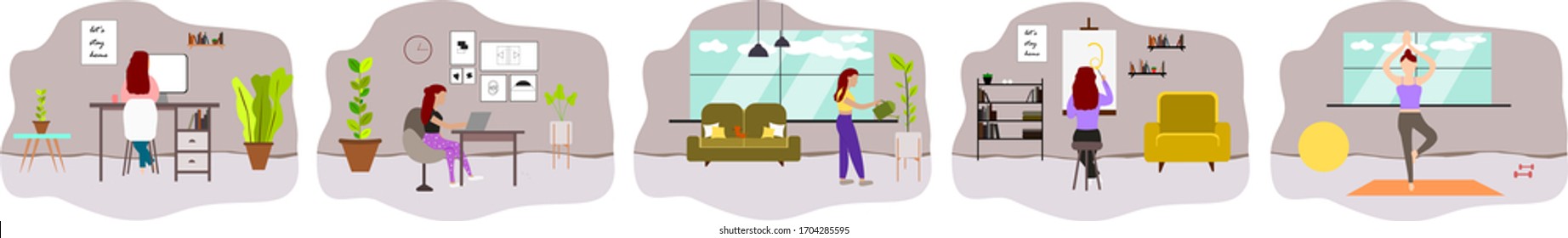 Stay home concept. The woman doing video conference call, painting, takes care for houseplants, working on laptop, doing yoga. Quarantine due to coronavirus. Set of illustration of home activities.