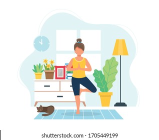 Quédese en casa. Mujer haciendo yoga en un acogedor interior moderno. Ilustración del vector en estilo plano