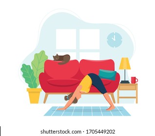 Stay home concept. Woman doing yoga in cozy modern interior. Vector illustration in flat style