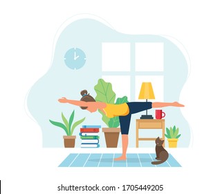 Stay home concept. Woman doing yoga in cozy modern interior. Vector illustration in flat style