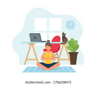 Stay home concept. Woman doing yoga in cozy modern interior. Vector illustration in flat style