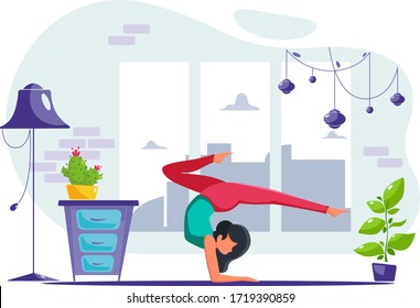 Stay Home Concept. Woman Doing Yoga At Home In Modern Interior. Vector Illustration In A Flat Style