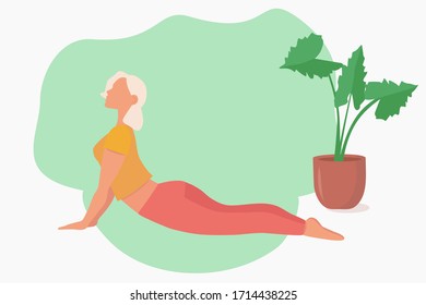 The "stay at home" concept. The woman is engaged in yoga . Vector illustration in flat style