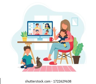 Stay home concept. Woman with kids calling friends via video conference in cozy modern interior. Vector illustration in flat style