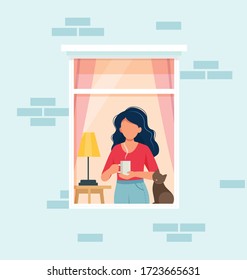 Stay home concept. Woman looking out window. Social isolation during epidemic. Cute vector illustration in flat style