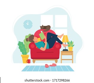 Stay home concept. Woman on chair reading a book in cozy modern interior. Vector illustration in flat style