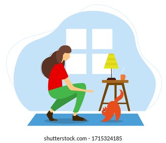 Stay home concept. Woman playing with a cat. Cute vector illustration in flat style.
