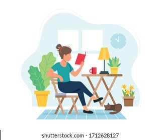 Stay home concept. Woman reading a book in cozy modern interior. Vector illustration in flat style