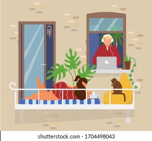 Stay At Home Concept. Woman In Swimsuit Reading Book And Sunbathing On Balcony With Cat And Plants. Man Works Or Studying From Home At Laptop. Home Activities. Flat Vector Illustration.