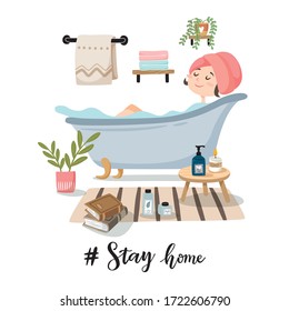 Stay home concept.  Woman taking a bath at home to avoid corona virus spreading.