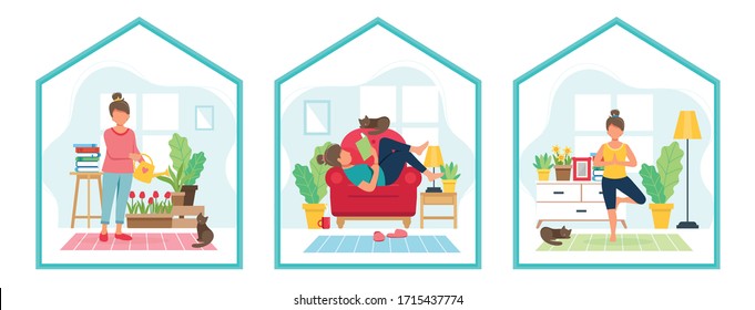 Stay home concept. Woman watering plants, reading a book, doing yoga in cozy modern interior. Vector illustration in flat style