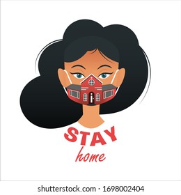 Stay at home concept woman wearing face mask to prevent COVID-19 vector illustration. COVID-19 design concept