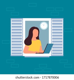 Stay home concept. Work at home with laptop, communication, leisure. Young woman looks out of window. Self isolation, quarantine during coronavirus. Vector