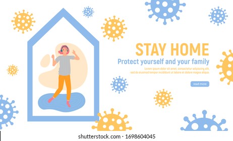 Stay home concept. Young girl in headphones dancing to the music at her home in quarantine. Flatten the curve an outbreak of the COVID-19 virus. Social distance concept. Vector illustration