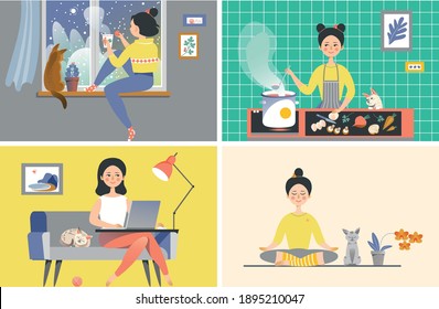Stay home concept. Young girl freelance, сooking, doing yoga, relaxing with tea. Set of illustration of home activities. Vector illustration collection.
