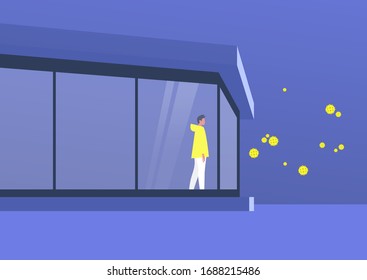 Stay home concept, young male character self isolated at home, coronavirus outbreak