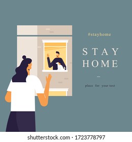 Stay home concept. Young man and woman wave their hands to each other from neighboring windows. People spend time in apartment during a pandemic. Vector illustration in flat cartoon style