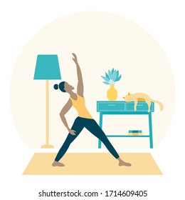 Stay home concept. Young woman doing yoga in a cozy modern interior in a period of self-isolation and social distancing during Coronavirus lockdown.Flat vector illustration.