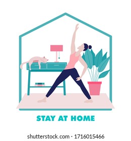 Stay home concept. Young woman doing yoga, exercising in a cozy modern interior in a period of self-isolation and social distancing during Coronavirus lockdown.Flat vector illustration.