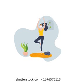 Stay home concept.A girl takes care for doing yoga.  Self isolation, quarantine due to coronavirus.