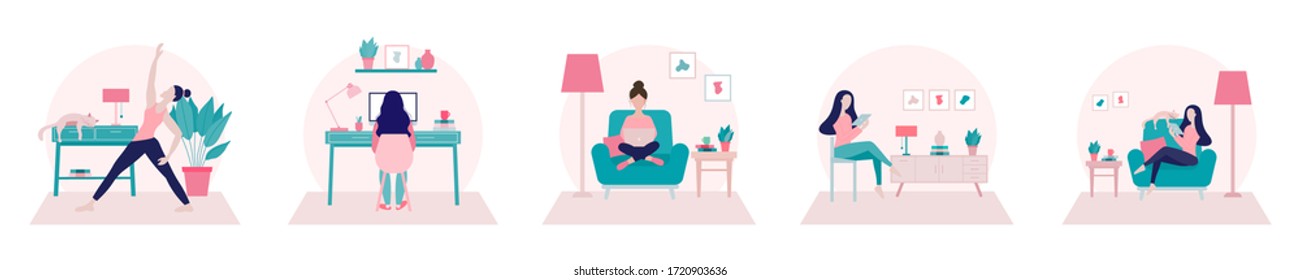 Stay home concept.Girl doing yoga,working from at home office and surfing on internet using tablet.Self isolation, quarantine due to Coronavirus. Set of flat vector illustration of home activities.