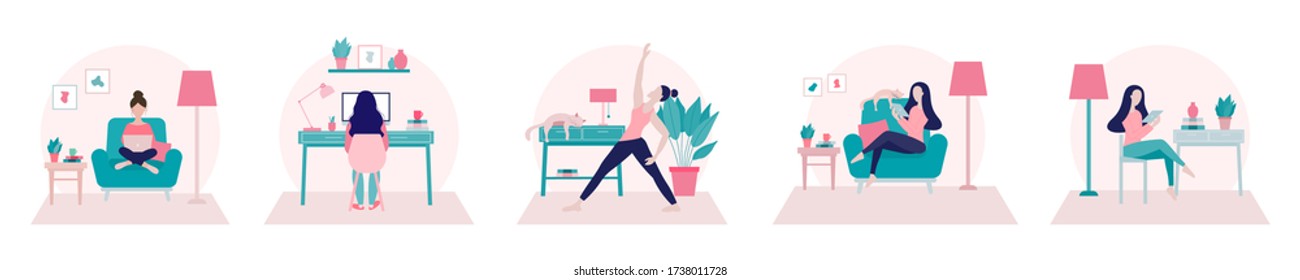 Stay home concept.Girl doing yoga,working from at home office and surfing on internet using tablet.Self isolation, quarantine due to Coronavirus. Set of flat vector illustration of home activities.