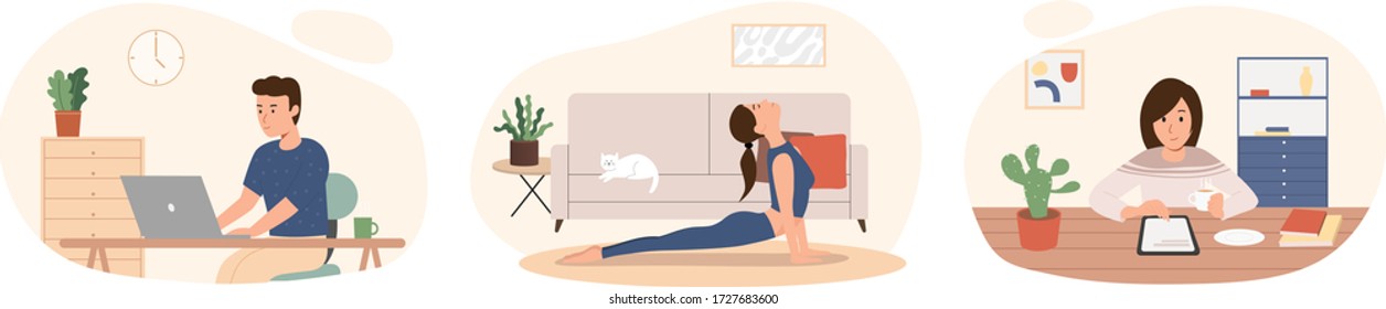 Stay home concept.People working, reading and practicing yoga at their home. 