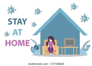 Stay at home conceptual design idea. Woman sitting on a chair and watching tv at home. Avoid corona virus outbreaks. Fight corona virus. Woman quarantines herself at home