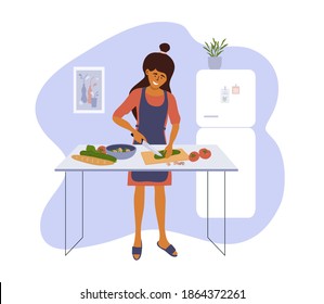 Stay home and cook healthy food yourself. Smiling woman cooking homemade meals in small cozy kitchen. Girl cutting vegetable to salad. Mother preparing dinner or lunch. Lifestyle vector illustration