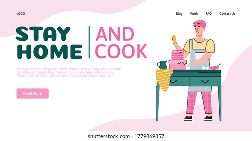 Stay home and cook poster or web banner template urging to stay home in coronavirus epidemic period, flat vector illustration on white background. Man learning cooking.