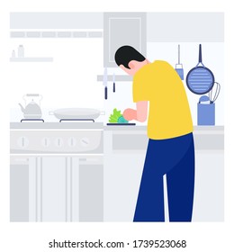 Stay at home. Cooking at home. Man cooking in the kitchen flat design character vector.