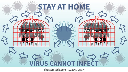 Stay At Home. Coronavirus Cannot Infect. Virus Protection Design. Reduce Infection Risk And Virus Spread. Virus Outbreak, Flue Risk Seasonal Period, Precaution Or Prevention. Virus Molecules In Air.