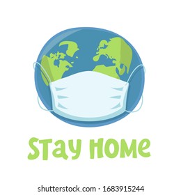 Stay home. Coronavirus COVID-19 concept. Character Earth in a medical mask. Dangerous chinese nCoV coronavirus outbreak. Pandemic medical concept with dangerous cells. Vector illustration