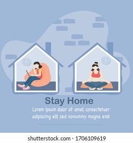 Stay at home and coronavirus COVID-19 concept - Young women working in the house in morning and evening yoga activities to help reduce the spread of the virus. Vector illustration in flat style.