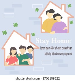 Stay at home and coronavirus COVID-19 concept - Happy families stay in the house to prevent spreading the virus. Quarantine or self-isolation. Vector illustration in flat style.